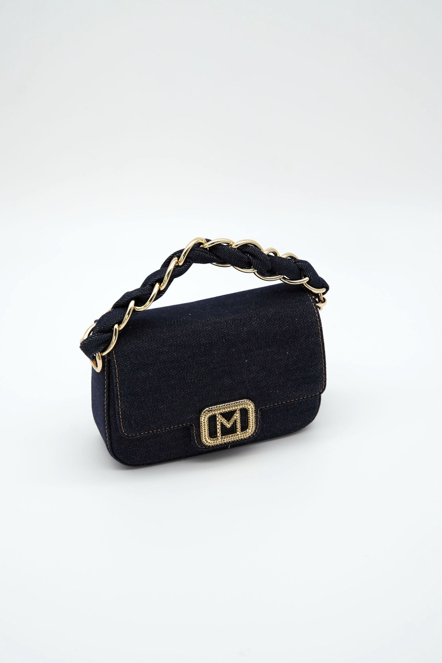 Borsa piccola in denim con dettagli oro, a mano e a tracolla