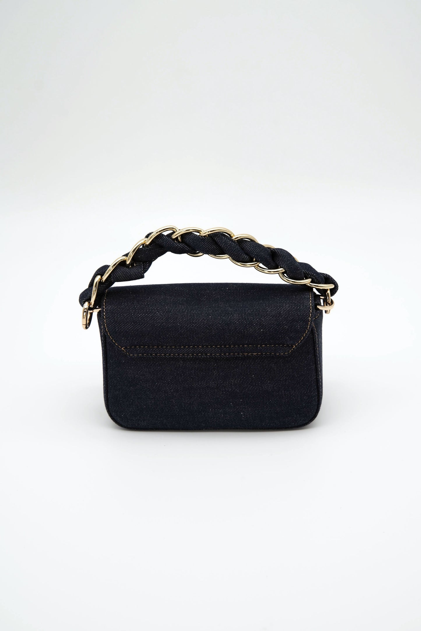 Borsa piccola in denim con dettagli oro, a mano e a tracolla