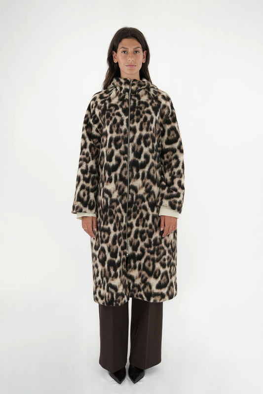Cappotto maculato lungo con cappuccio e zip centrale bidirezionale