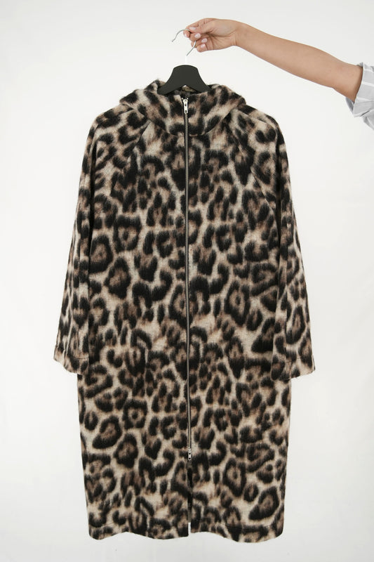 Cappotto maculato lungo con cappuccio e zip centrale bidirezionale