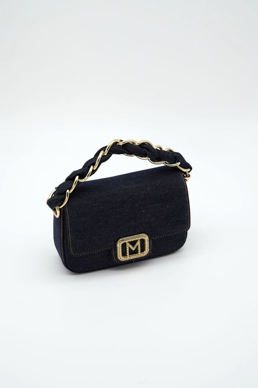 Borsa piccola in denim con dettagli oro, a mano e a tracolla