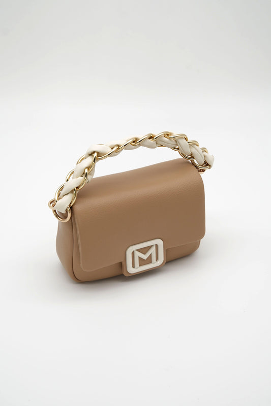 Borsa piccola in ecopelle cammello con dettagli oro, a mano e a tracolla