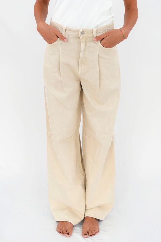 Pantalone in bull di cotone gamba ampia con pences